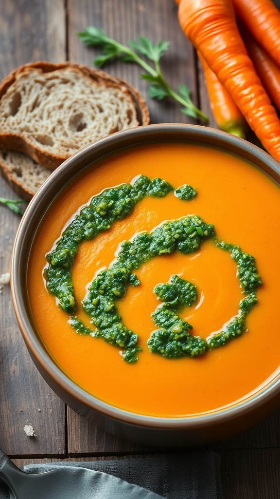 Creamy Carrot Soup with Carrot-Top Pesto A bowl of creamy carrot soup topped with carrot-top pesto and served with crusty bread on a rustic table.